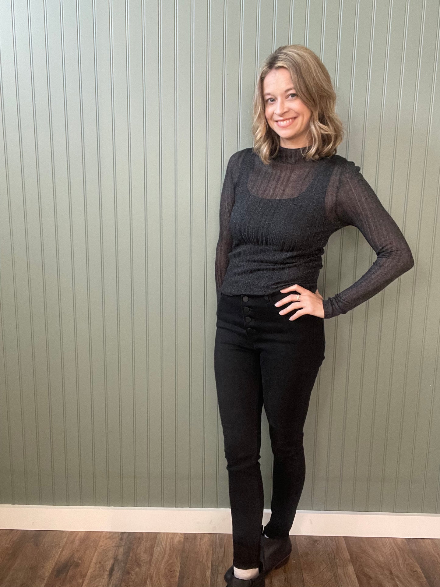 Dane Mock Neck Sheer Knit Top