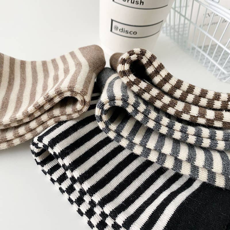 Zebra Stripe Socks - Knitted Cotton Crew Socks: Oatmeal