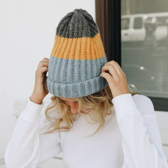 Cozy Color Block Wool Knit Beanie- Blue Mustard
