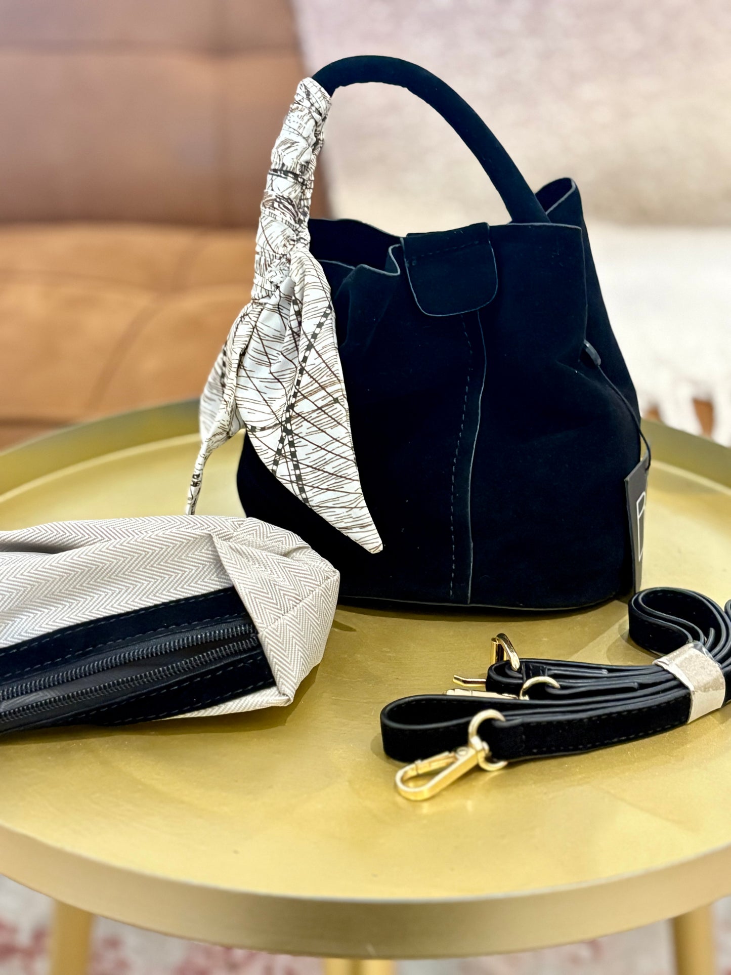 Blair Bucket Bag (Black Suede)