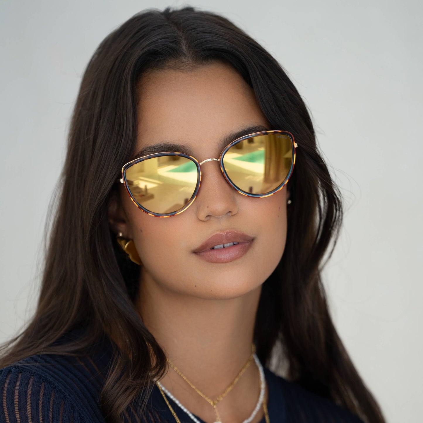 Luna Acetate Cat Eye Sunglasses, Tortoise/Gold Mirror