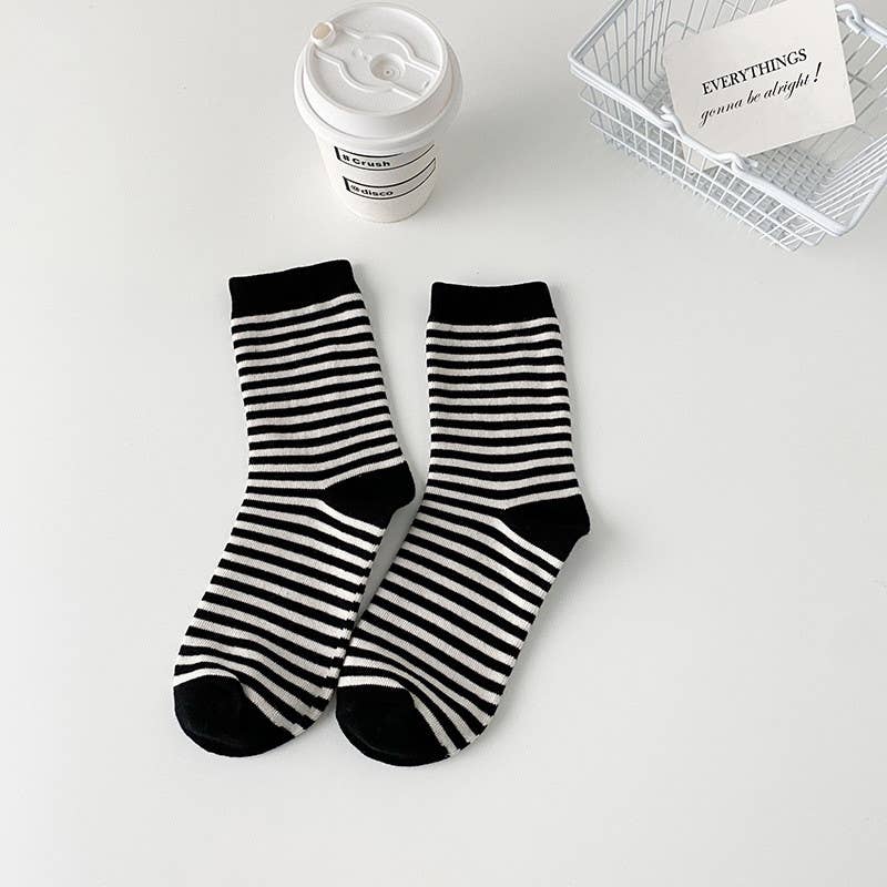 Zebra Stripe Socks - Knitted Cotton Crew Socks: Grey