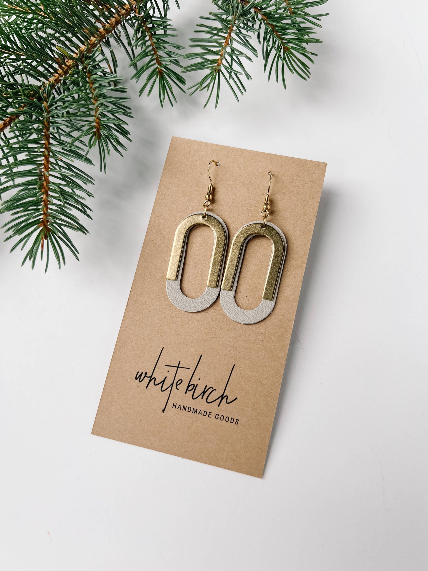 Beige Leather Oval & Brass Accent Earrings