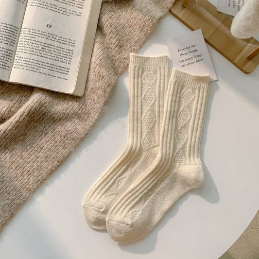Warm Socks - Knitted Cashmere Crew Cozy Socks: Beige