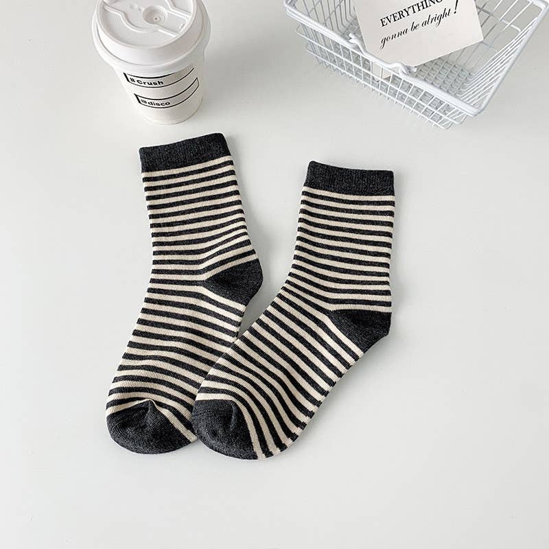 Zebra Stripe Socks - Knitted Cotton Crew Socks: Grey
