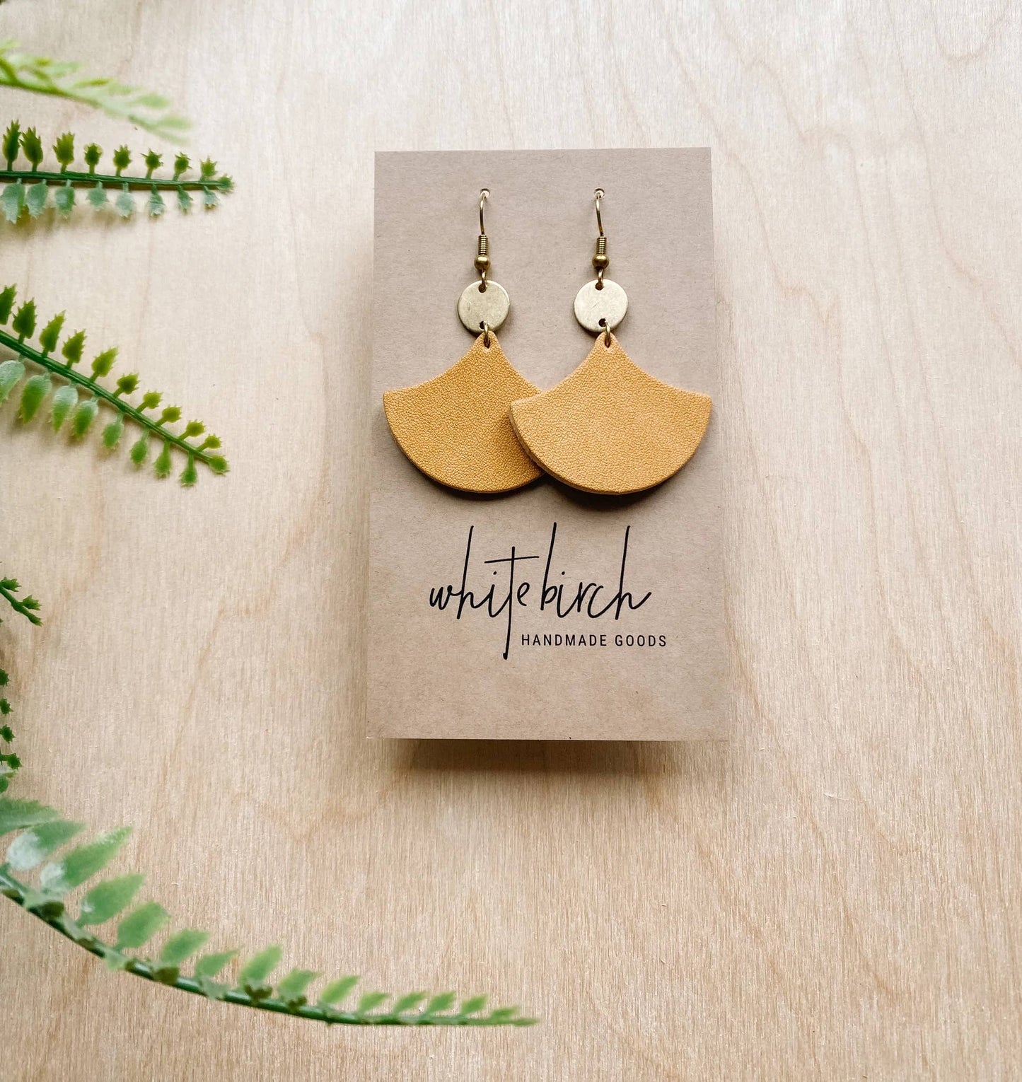 Distressed Tan Leather & Mini Brass Disc Geometric Earrings