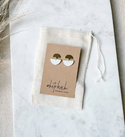 White Saffiano Leather Stud Earrings with Gold Post