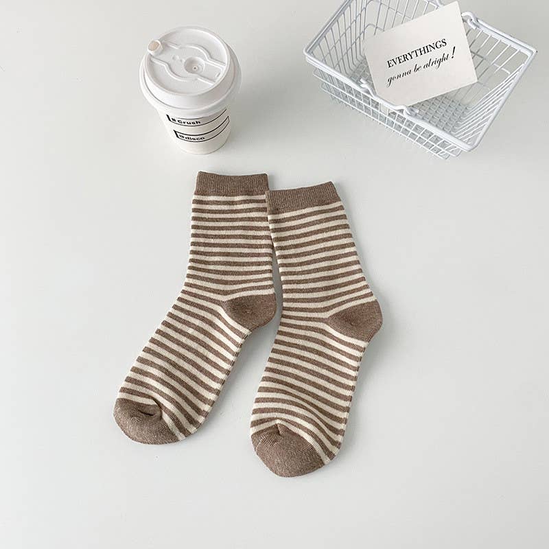 Zebra Stripe Socks - Knitted Cotton Crew Socks: Oatmeal
