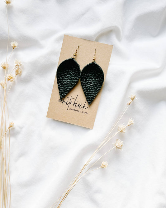 Textured Black Leather Leaf Earrings: Small Leaf / Brass