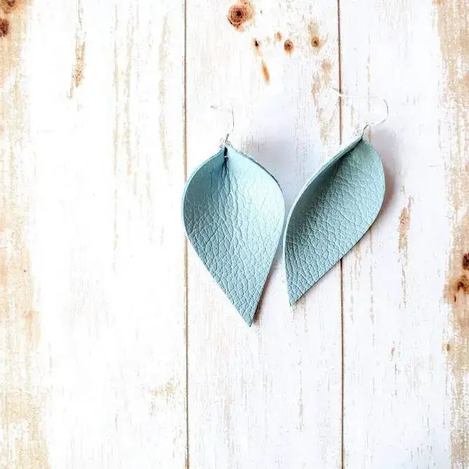 Baby Blue Leather Leaf Earrings: Raw Brass Hooks / Small Leaf