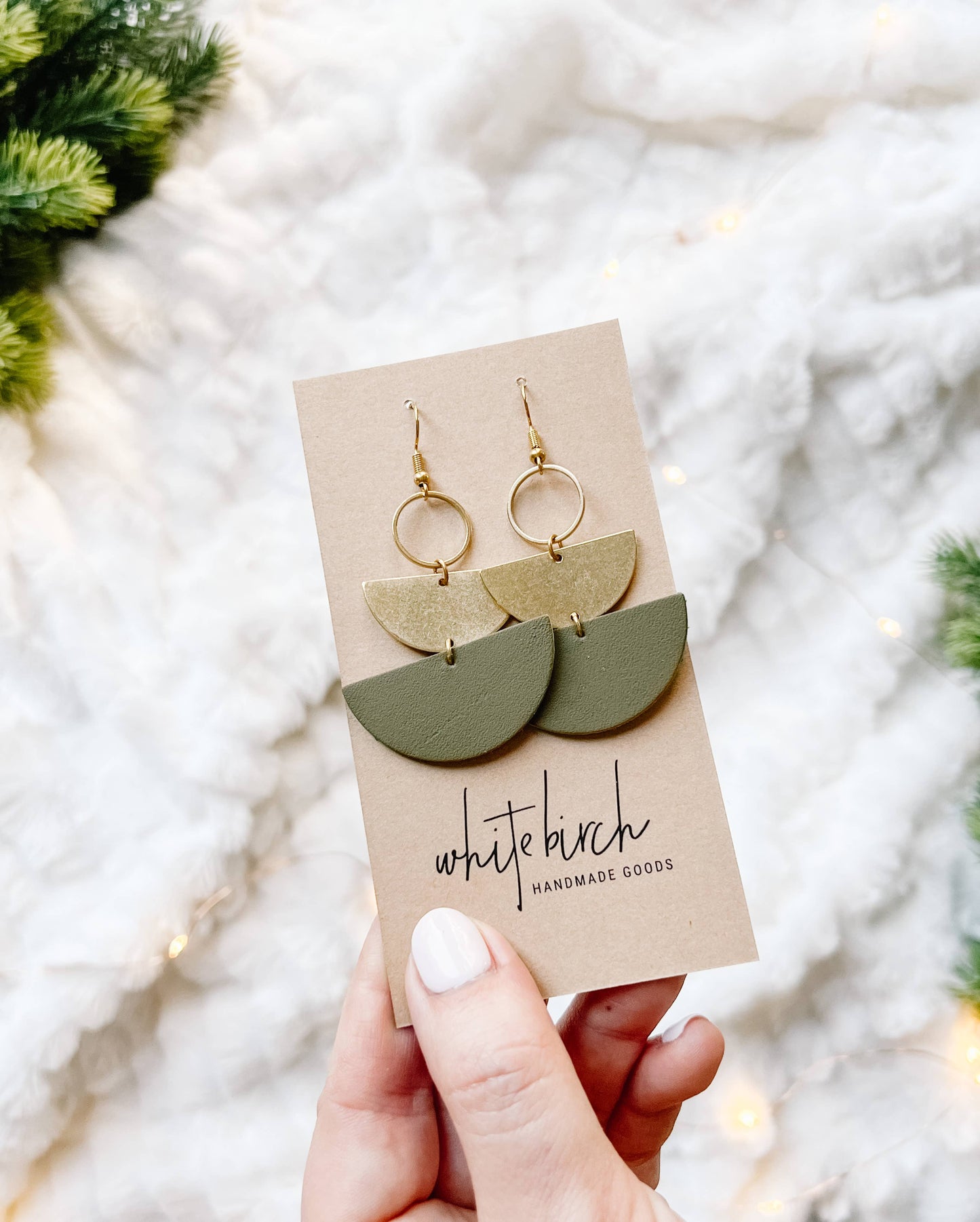 Army Green Leather & Brass Stacked Half Moon Dangle Earrings: Brass