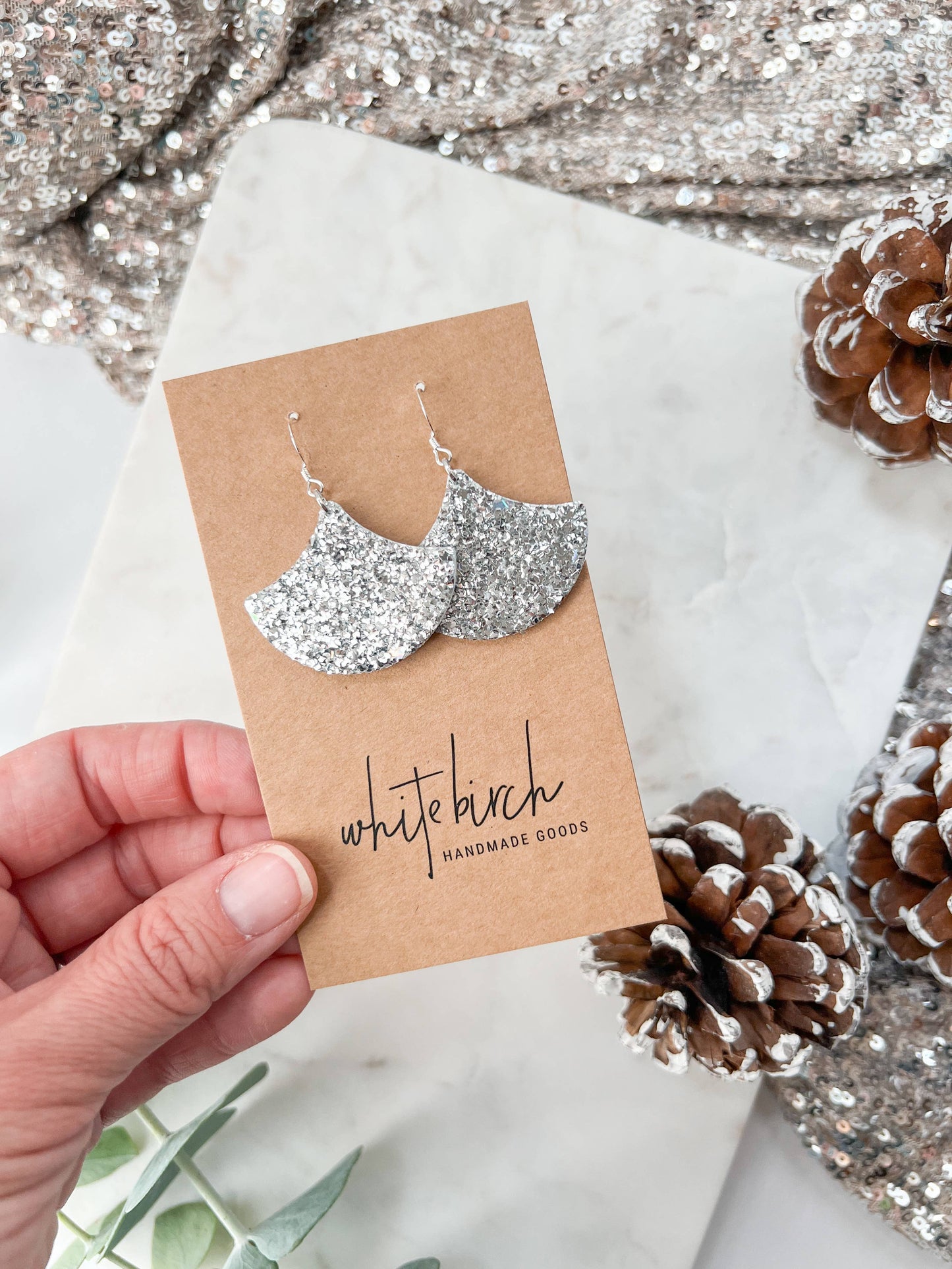 Silver Glitter Leather Fan Earrings: Brass
