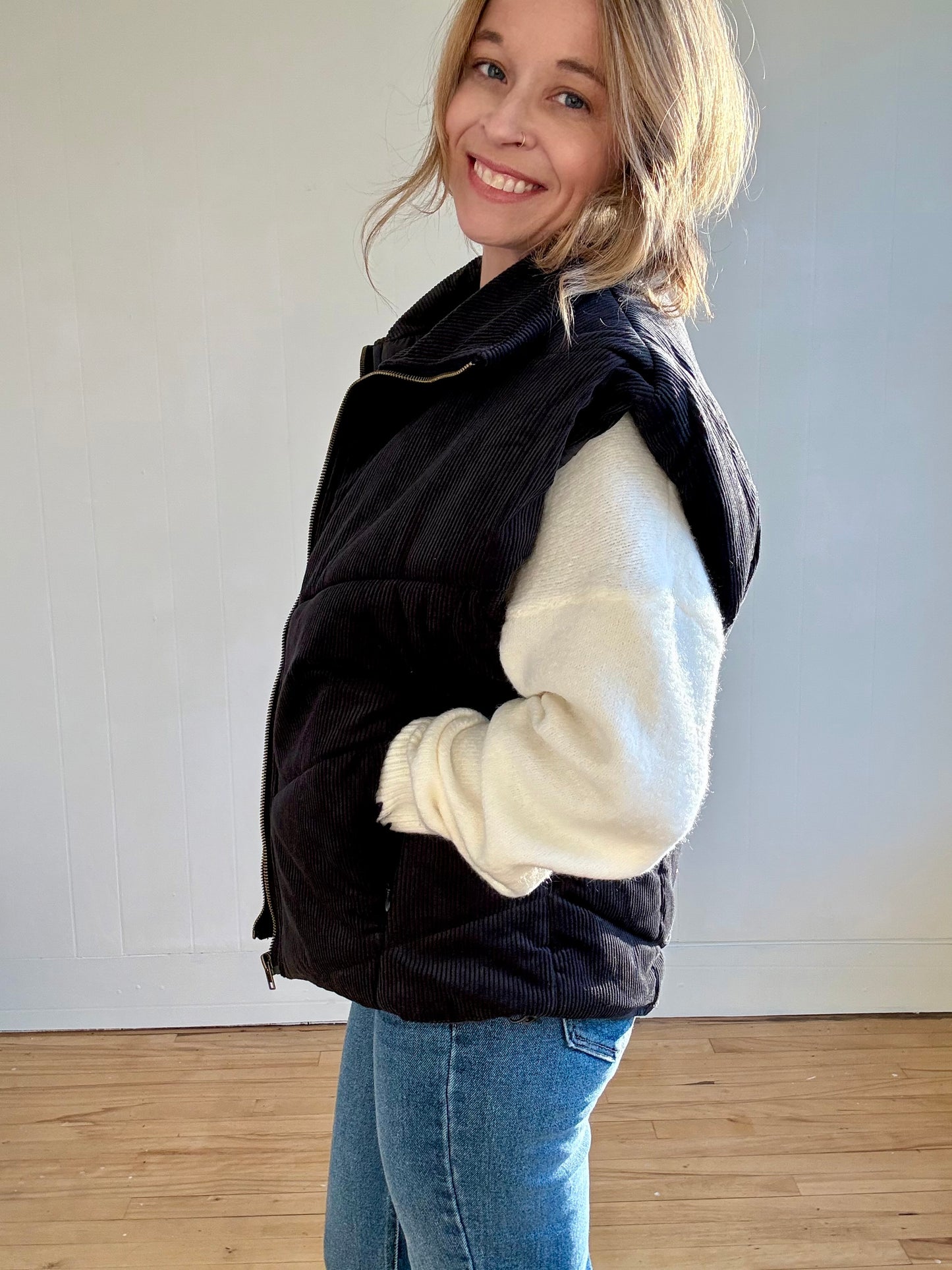 Corduroy Puff Vest (Charcoal)