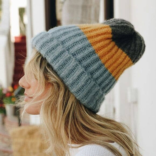 Cozy Color Block Wool Knit Beanie- Blue Mustard