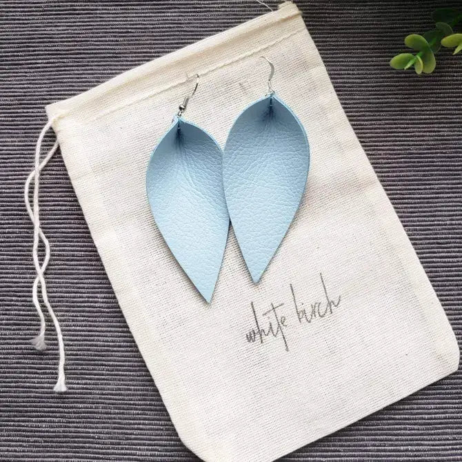 Baby Blue Leather Leaf Earrings: Raw Brass Hooks / Small Leaf