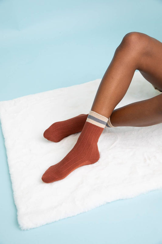 Cozy Retro Color Block Wool Crew Socks - Rust