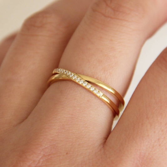 Crossed Double Band Pave Ring, Gold