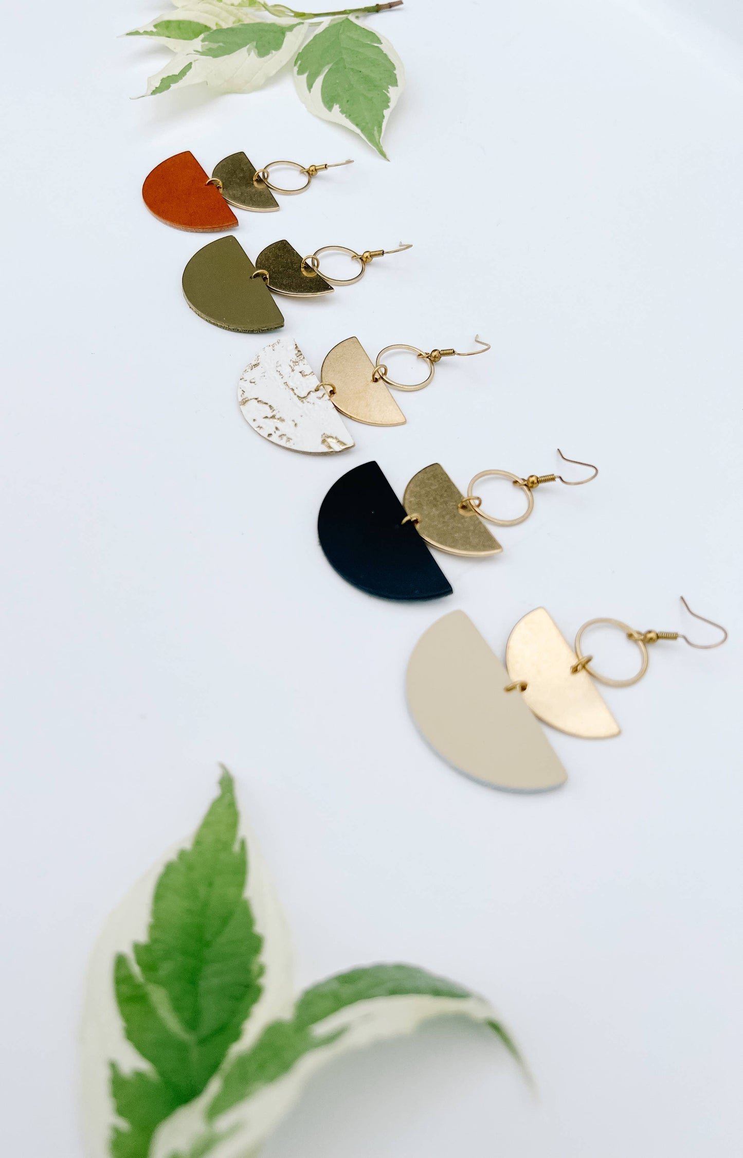 Army Green Leather & Brass Stacked Half Moon Dangle Earrings: Brass