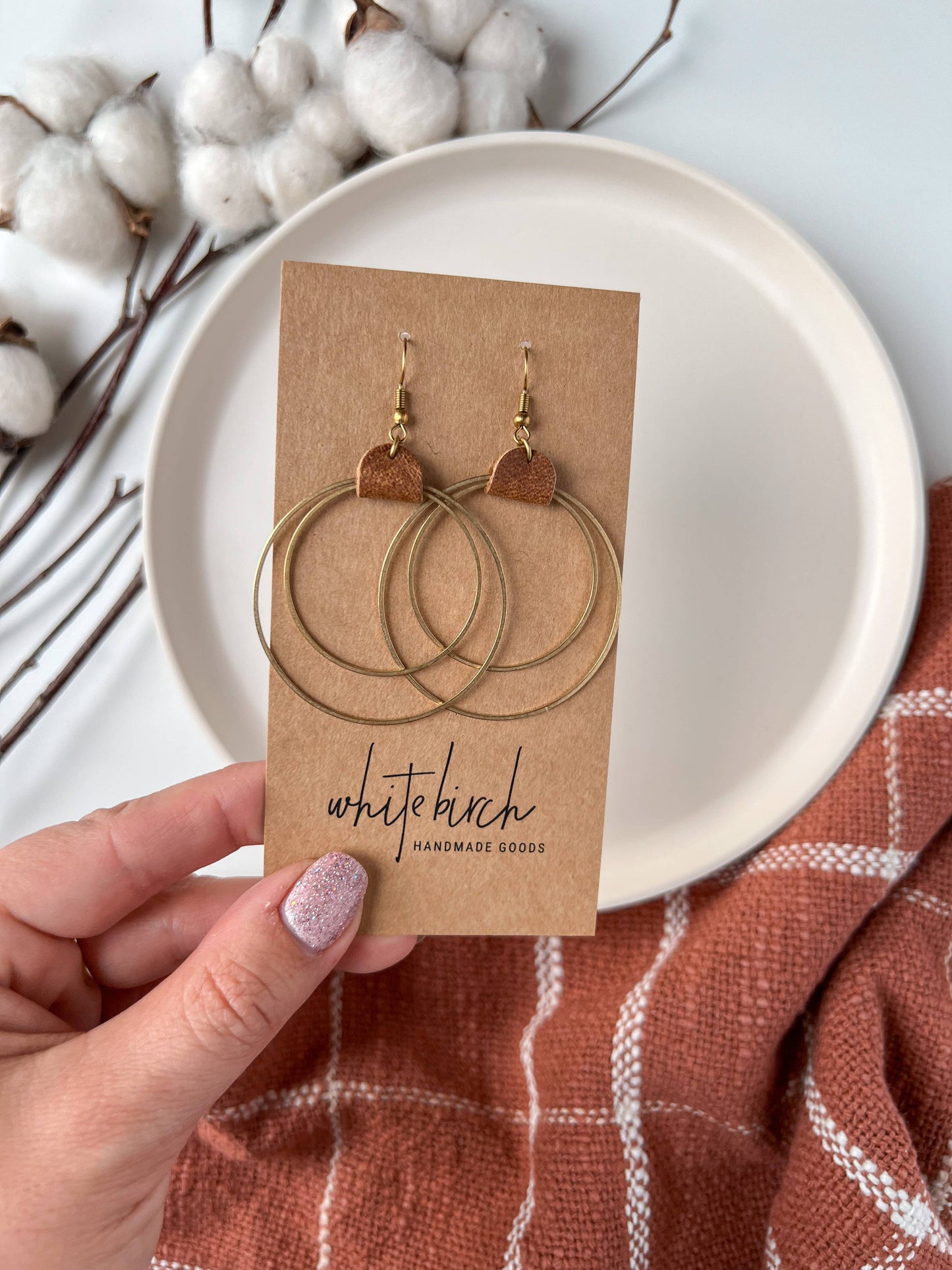 Distressed Brown Leather & Brass Circles Earrings: Brass