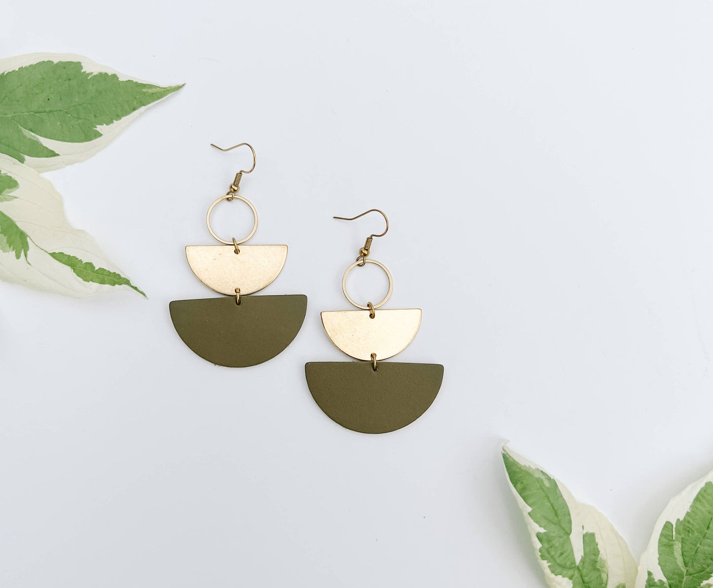 Army Green Leather & Brass Stacked Half Moon Dangle Earrings: Brass