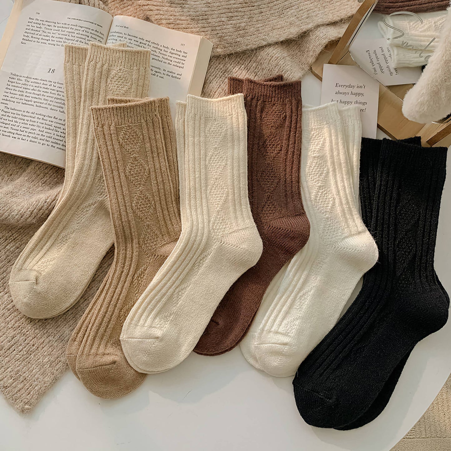 Warm Socks - Knitted Cashmere Crew Cozy Socks: Beige