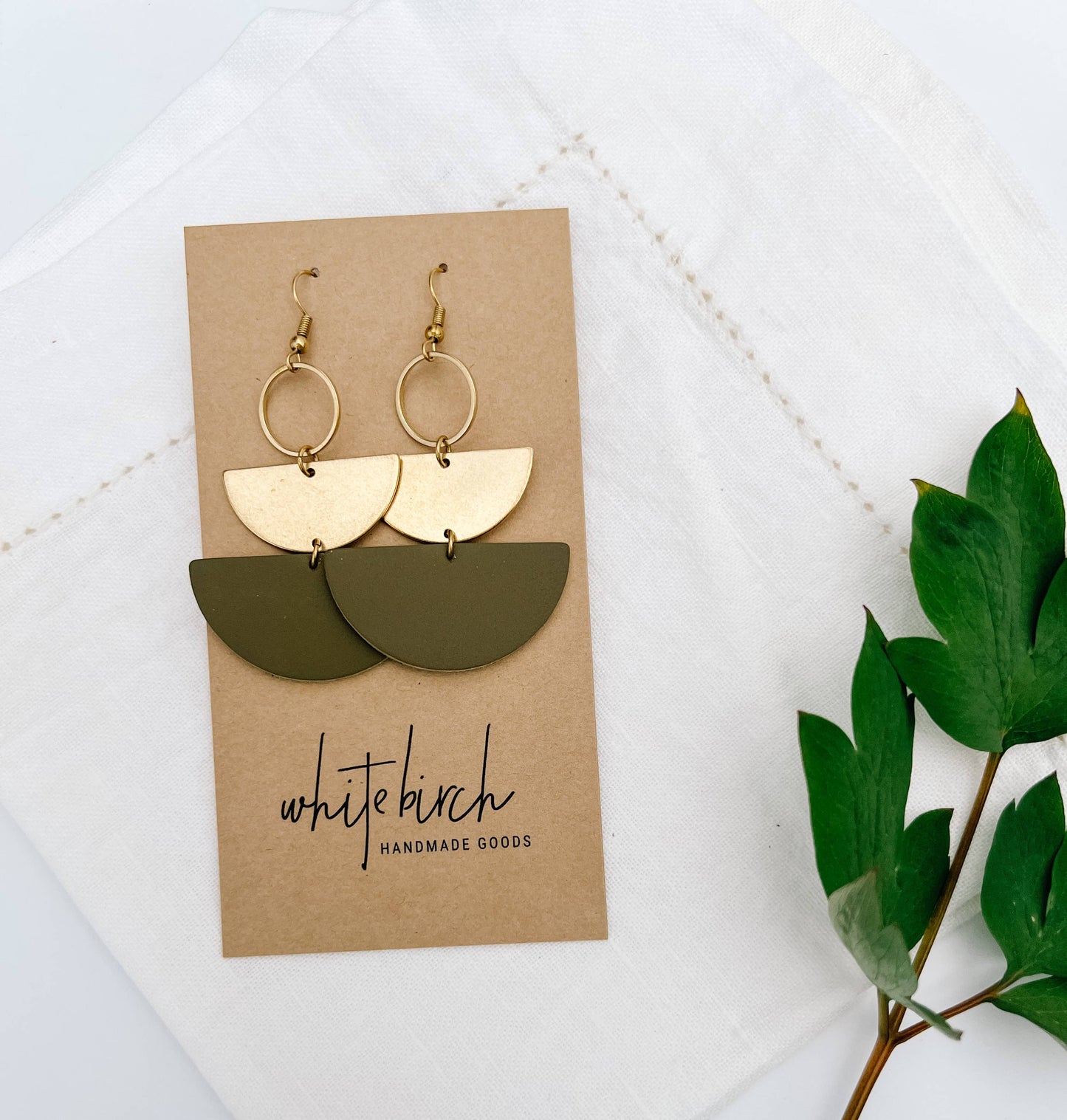 Army Green Leather & Brass Stacked Half Moon Dangle Earrings: Brass