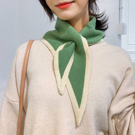 Maybel Knit Triangle Scarf (Green/Ivory Trim)