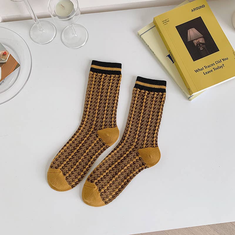 Vintage-Style Yellow Socks Featuring Exquisite Floral Design: No.3